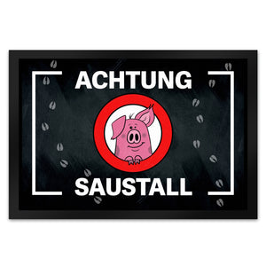 Achtung Saustall Fußmatte mit niedlichem Comic-Schwein im Warnkreis