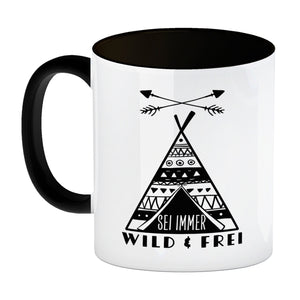 Sei immer wild & frei Kaffeebecher mit Zelt Motiv