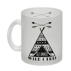Sei immer wild & frei Kaffeebecher mit Zelt Motiv