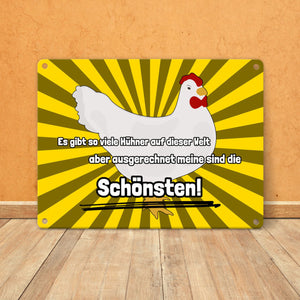 Metallschild in 15x20 cm Schönste Hühner der Welt mit Hintergrund in Vignettenoptik