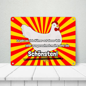 Metallschild in 15x20 cm Schönste Hühner der Welt mit Hintergrund in Vignettenoptik