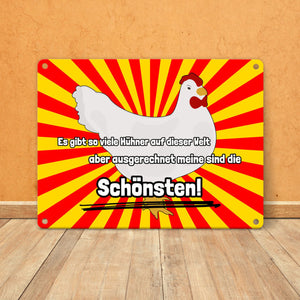 Metallschild in 15x20 cm Schönste Hühner der Welt mit Hintergrund in Vignettenoptik