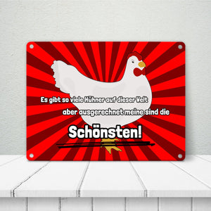 Metallschild in 15x20 cm Schönste Hühner der Welt mit Hintergrund in Vignettenoptik