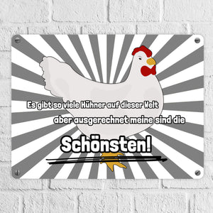 Metallschild in 15x20 cm Schönste Hühner der Welt mit Hintergrund in Vignettenoptik