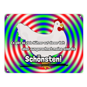 Metallschild in 15x20 cm Schönste Hühner der Welt mit Hintergrund in Vignettenoptik