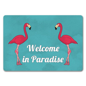 Fußmatte in 35x50 cm mit Flamingomotiv und Spruch: Welcome in Paradise