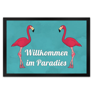 Fußmatte in 35x50 cm mit Flamingomotiv und Spruch: Welcome in Paradise