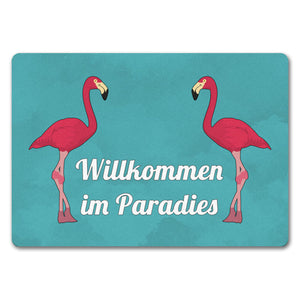 Fußmatte in 35x50 cm mit Flamingomotiv und Spruch: Welcome in Paradise