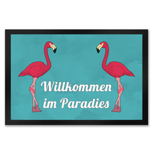 Fußmatte in 35x50 cm mit Flamingomotiv und Spruch: Welcome in Paradise