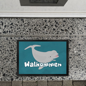 Blauwal Fußmatte in 35x50 cm mit Ozeanmotiv und Spruch Walkommen