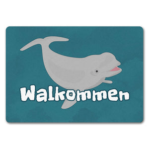 Blauwal Fußmatte in 35x50 cm mit Ozeanmotiv und Spruch Walkommen