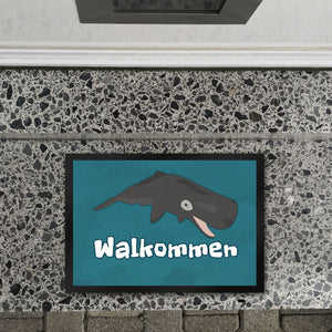 Blauwal Fußmatte in 35x50 cm mit Ozeanmotiv und Spruch Walkommen