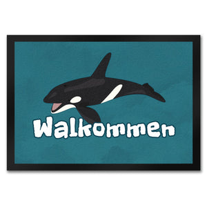 Blauwal Fußmatte in 35x50 cm mit Ozeanmotiv und Spruch Walkommen