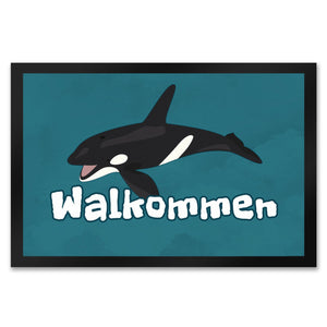 Blauwal Fußmatte in 35x50 cm mit Ozeanmotiv und Spruch Walkommen