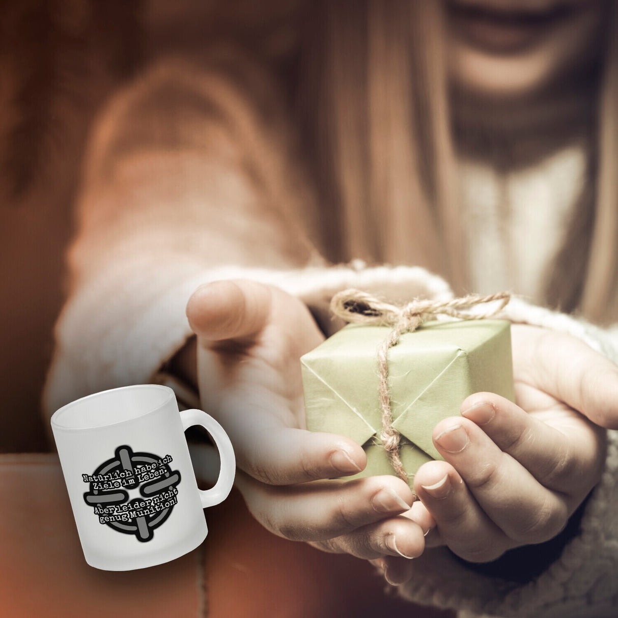 Kaffeebecher mit Spruch: Ziele im Leben, nicht genug Munition! Fadenkreuz