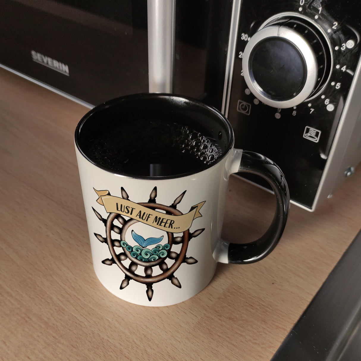 Kaffeebecher Lust auf Meer mit maritimen Motiv Flosse Steuerrad Meer Wellen
