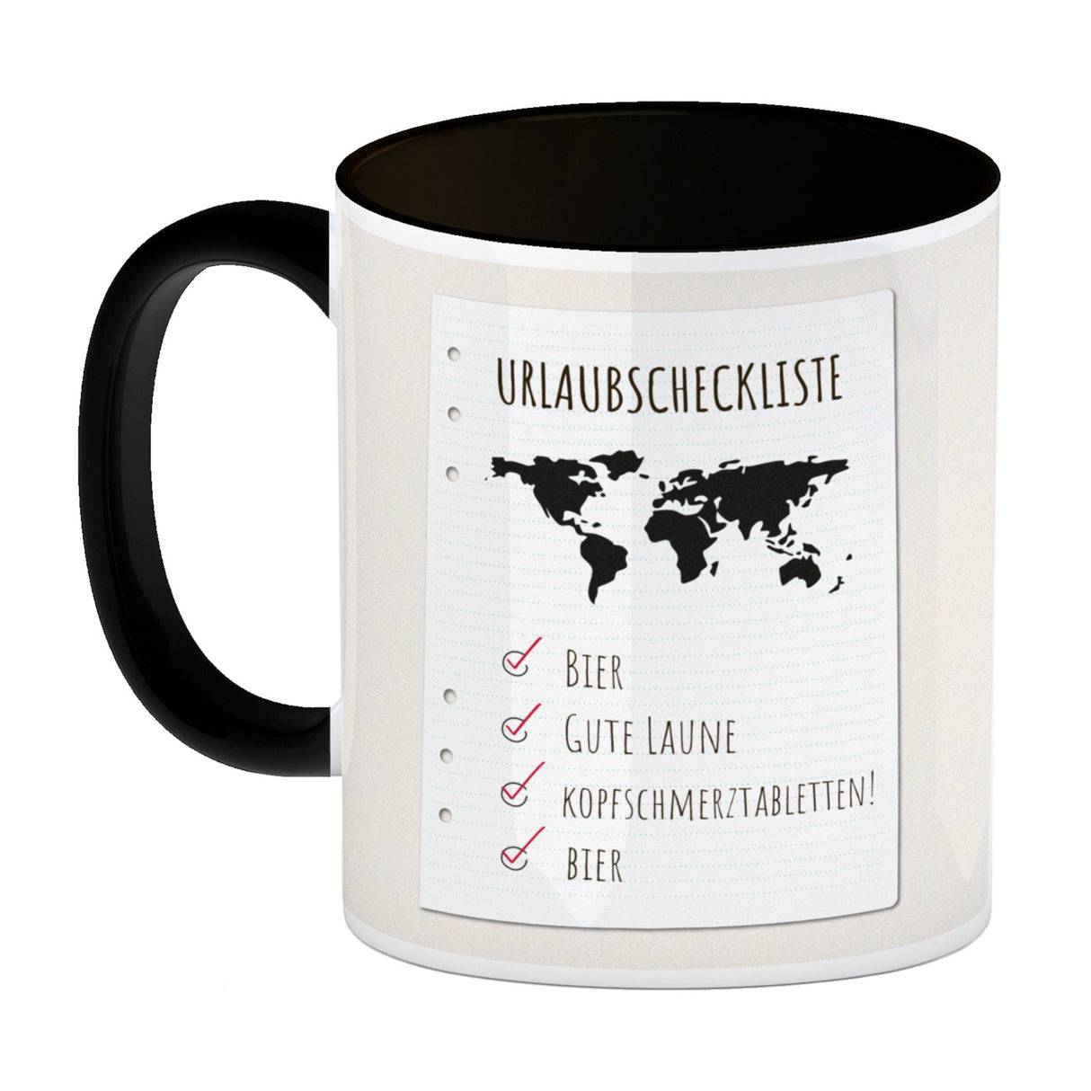 Kaffeebecher Urlaubscheckliste für Partyurlaub mit Weltkarte