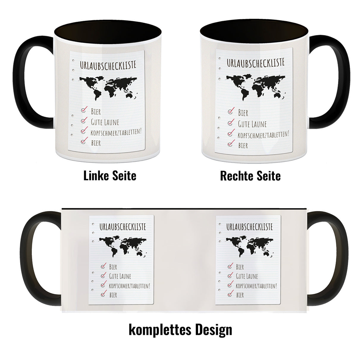Kaffeebecher Urlaubscheckliste für Partyurlaub mit Weltkarte