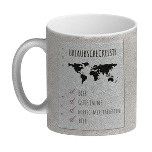 Kaffeebecher Urlaubscheckliste für Partyurlaub mit Weltkarte