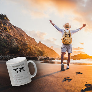 Kaffeebecher Urlaubscheckliste für Partyurlaub mit Weltkarte