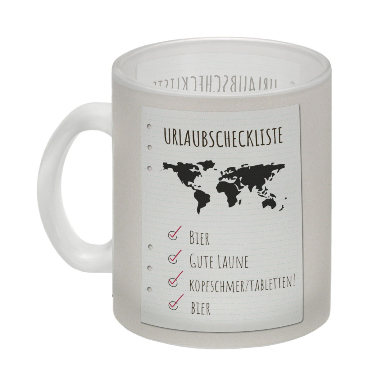 Kaffeebecher Urlaubscheckliste für Partyurlaub mit Weltkarte