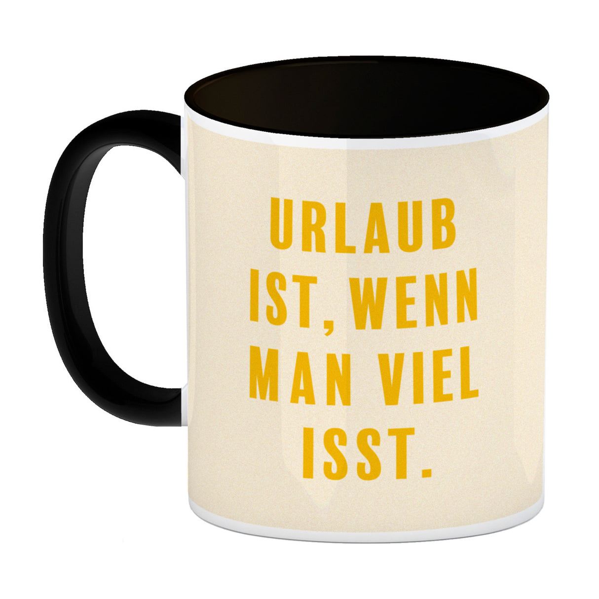 Kaffeebecher Urlaub ist, wenn man viel isst mit Strandmotiv und Spruch zum Thema Essen