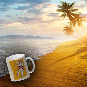 Kaffeebecher Urlaub ist, wenn man viel isst mit Strandmotiv und Spruch zum Thema Essen