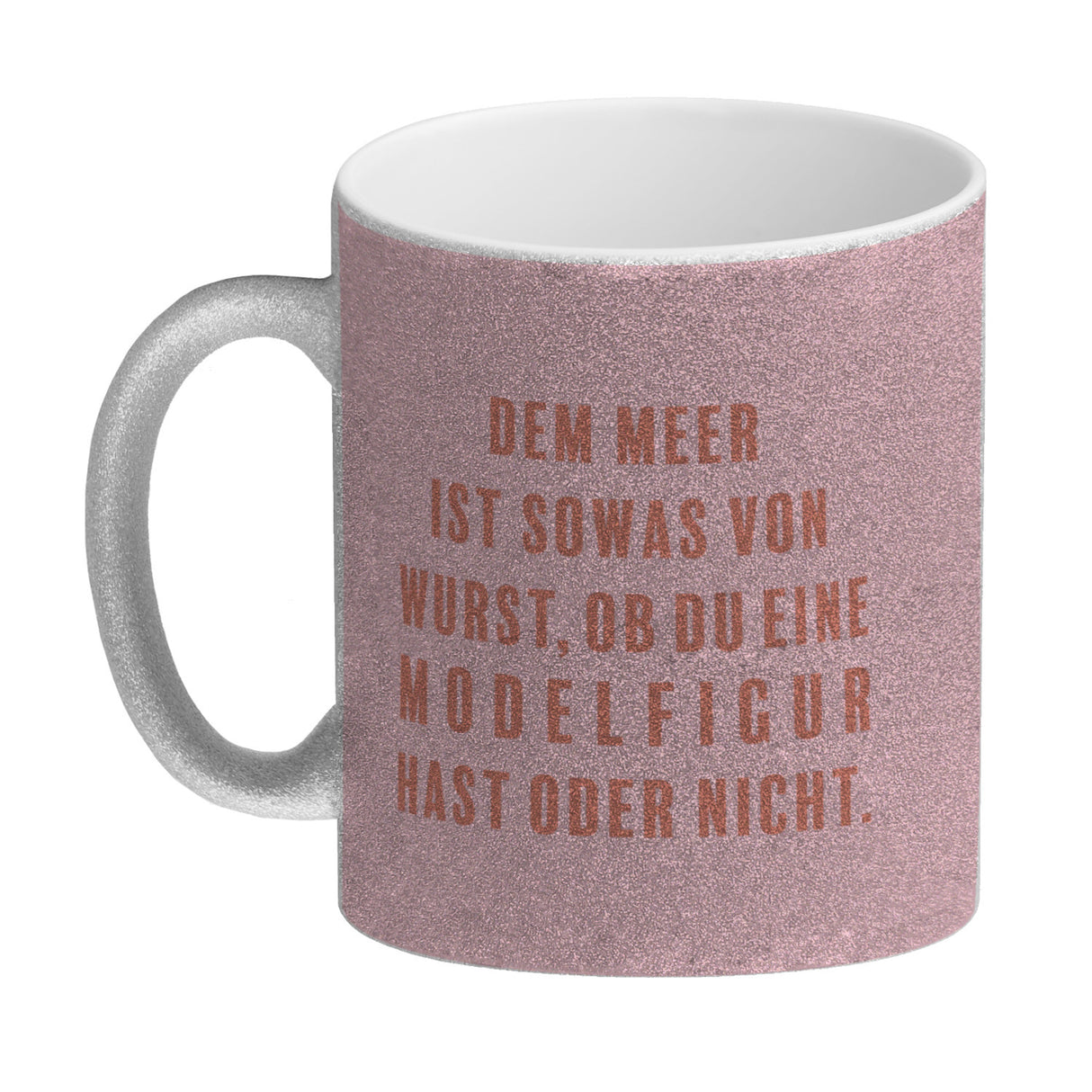 Kaffeebecher mit lustigem Spruch zum Thema Modelfigur und Comic-Dame im Badeanzug