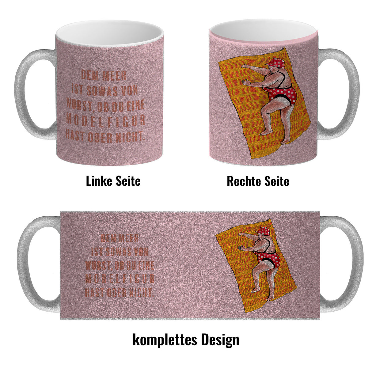Kaffeebecher mit lustigem Spruch zum Thema Modelfigur und Comic-Dame im Badeanzug