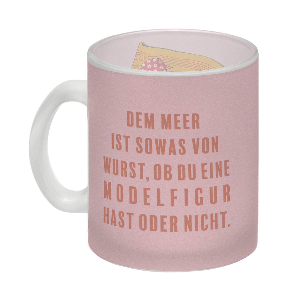 Kaffeebecher mit lustigem Spruch zum Thema Modelfigur und Comic-Dame im Badeanzug