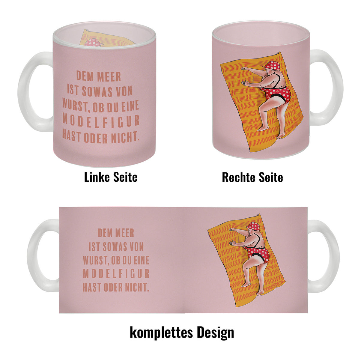 Kaffeebecher mit lustigem Spruch zum Thema Modelfigur und Comic-Dame im Badeanzug