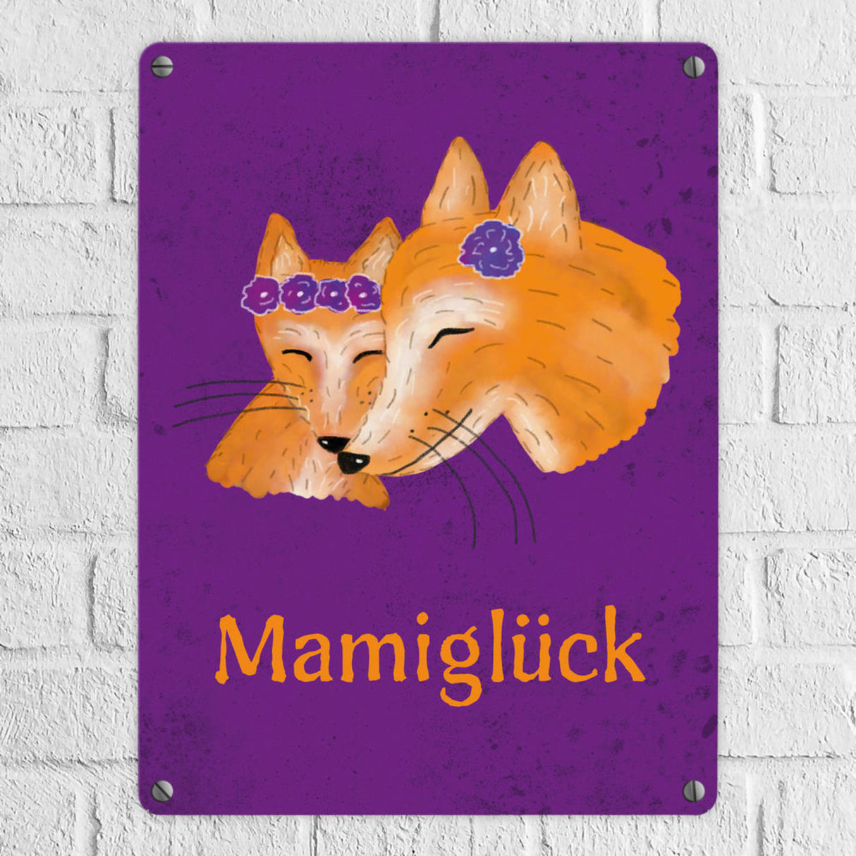 Füchse Mamiglück Metallschild mit Junge in Lila mit lilaner Schrift