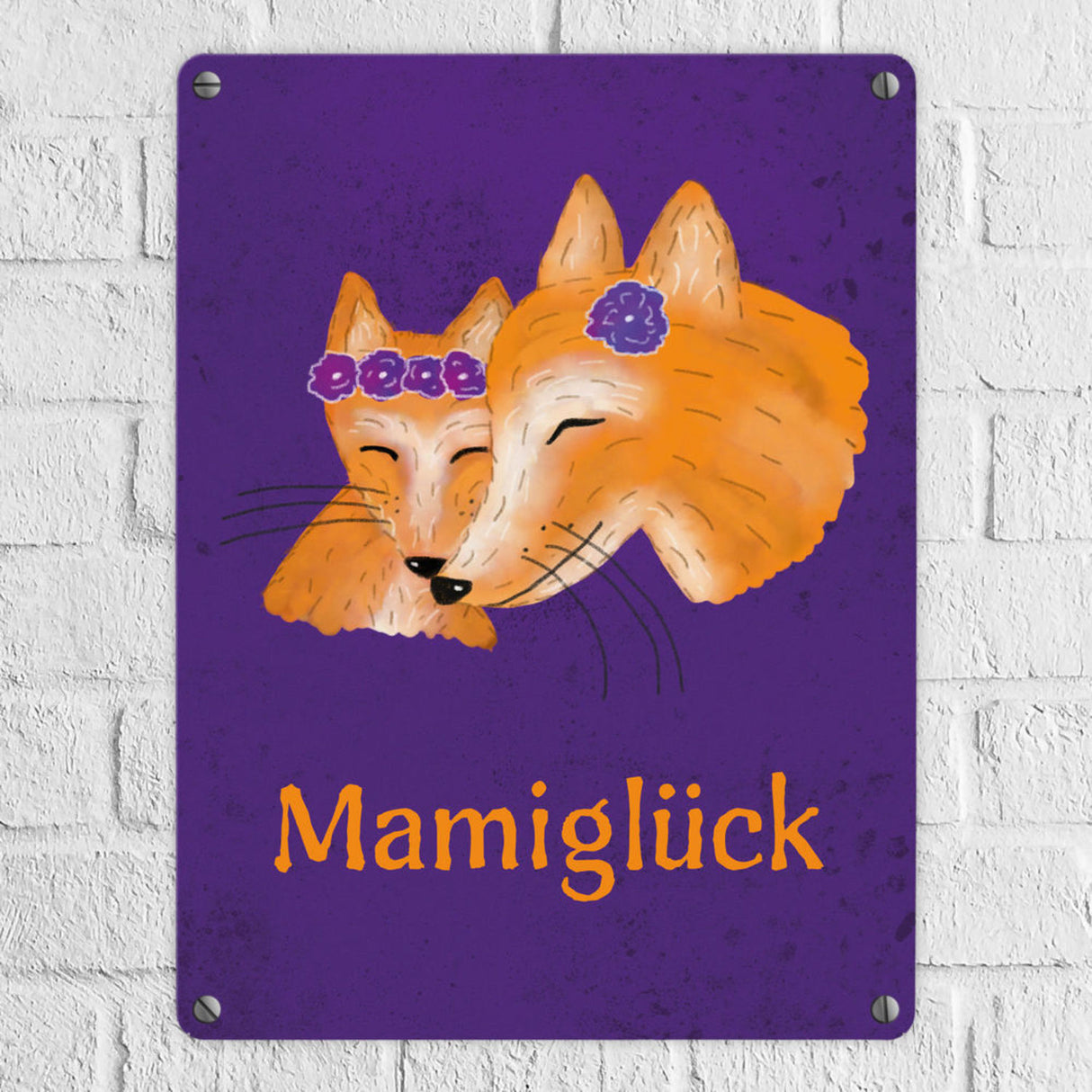 Füchse Mamiglück Metallschild mit Junge in Lila mit lilaner Schrift