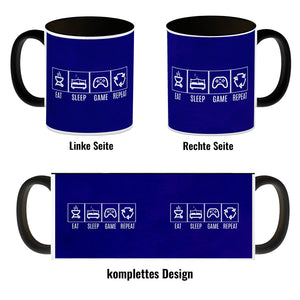 EAT, SLEEP, GAME, REPEAT Kaffeebecher mit blauem Hintergrund