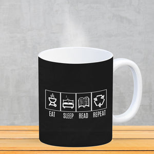 EAT, SLEEP, GAME, REPEAT Kaffeebecher mit blauem Hintergrund