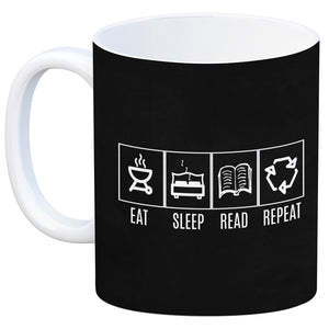 EAT, SLEEP, GAME, REPEAT Kaffeebecher mit blauem Hintergrund
