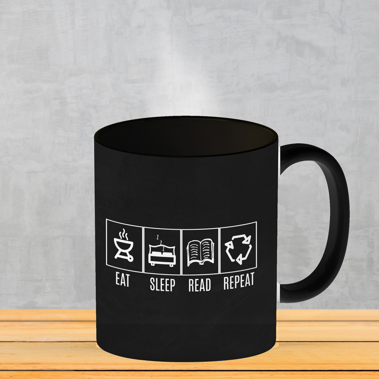 EAT, SLEEP, GAME, REPEAT Kaffeebecher mit blauem Hintergrund