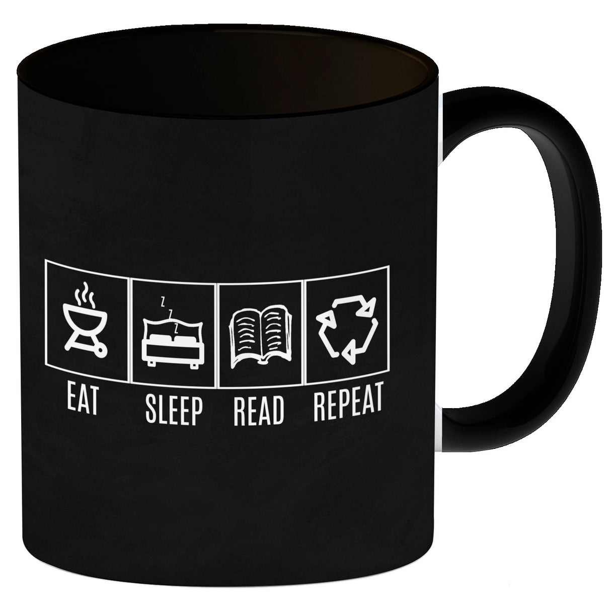 EAT, SLEEP, GAME, REPEAT Kaffeebecher mit blauem Hintergrund