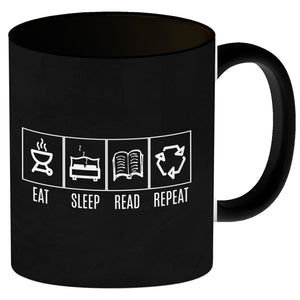 EAT, SLEEP, GAME, REPEAT Kaffeebecher mit blauem Hintergrund
