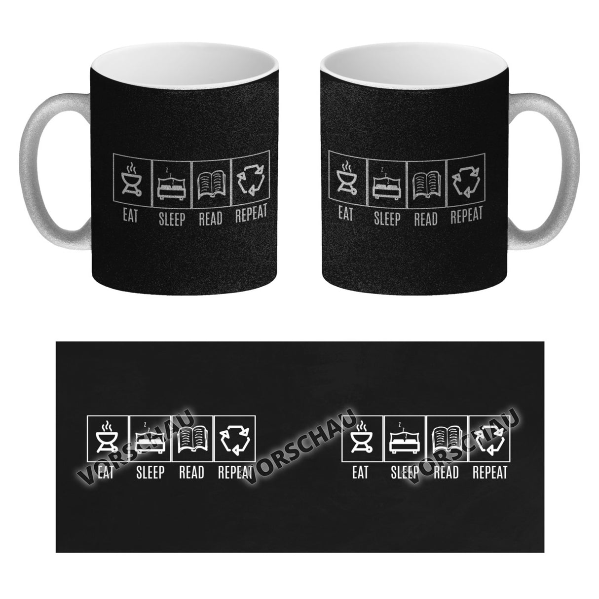 EAT, SLEEP, GAME, REPEAT Kaffeebecher mit blauem Hintergrund
