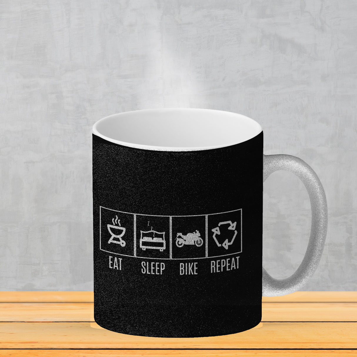 EAT, SLEEP, GAME, REPEAT Kaffeebecher mit blauem Hintergrund