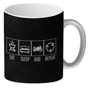 EAT, SLEEP, GAME, REPEAT Kaffeebecher mit blauem Hintergrund
