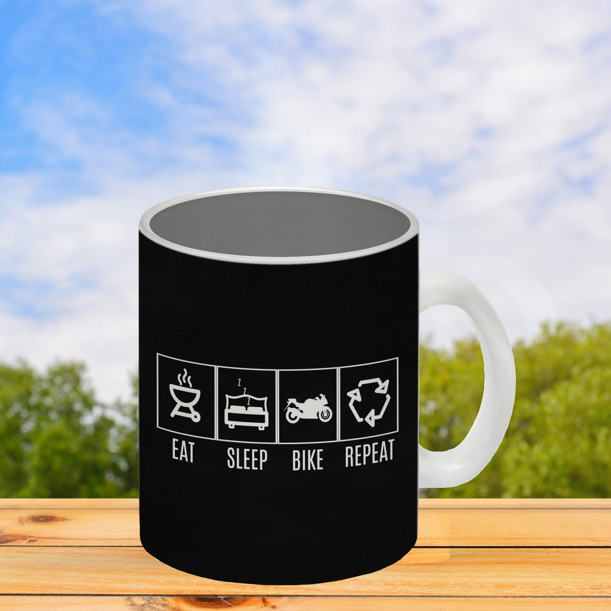 EAT, SLEEP, GAME, REPEAT Kaffeebecher mit blauem Hintergrund