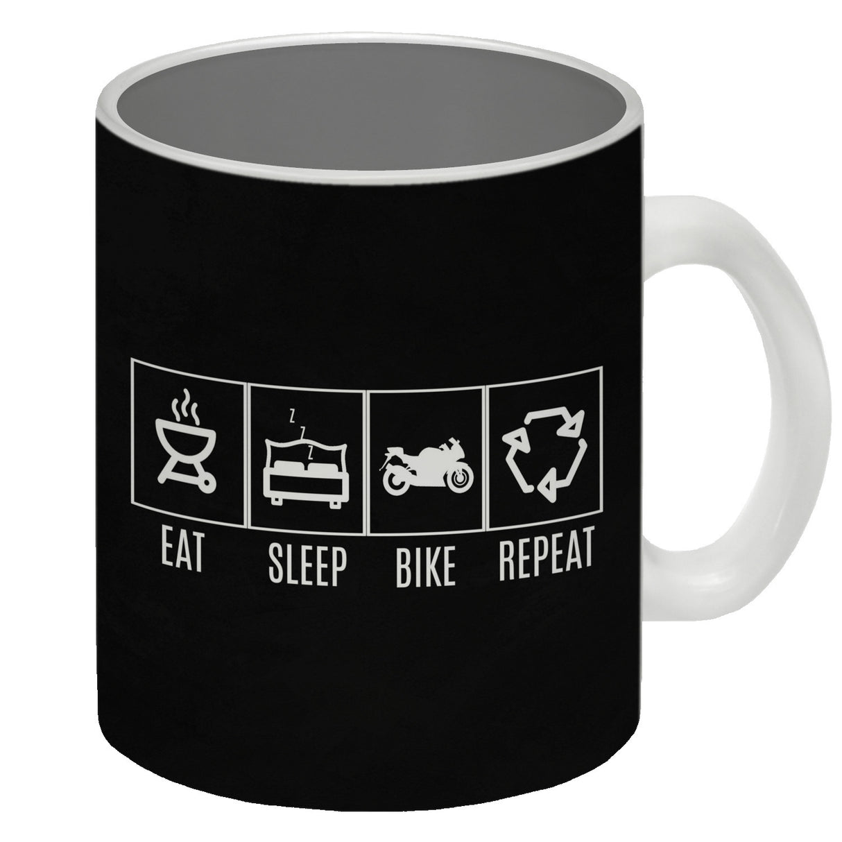 EAT, SLEEP, GAME, REPEAT Kaffeebecher mit blauem Hintergrund