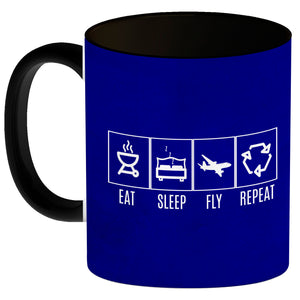 EAT, SLEEP, GAME, REPEAT Kaffeebecher mit blauem Hintergrund