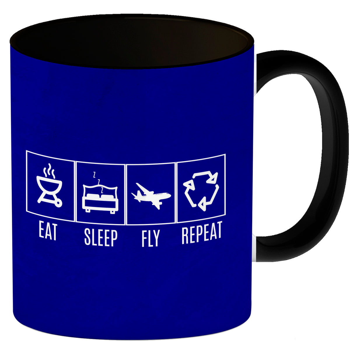 EAT, SLEEP, GAME, REPEAT Kaffeebecher mit blauem Hintergrund