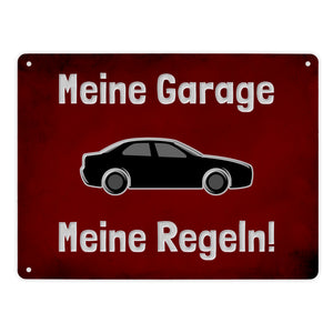 Meine Garage Meine Regeln! Metallschild in 15x20 cm mit Auto und rotem Hintergrund