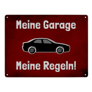 Meine Garage Meine Regeln! Metallschild in 15x20 cm mit Auto und rotem Hintergrund