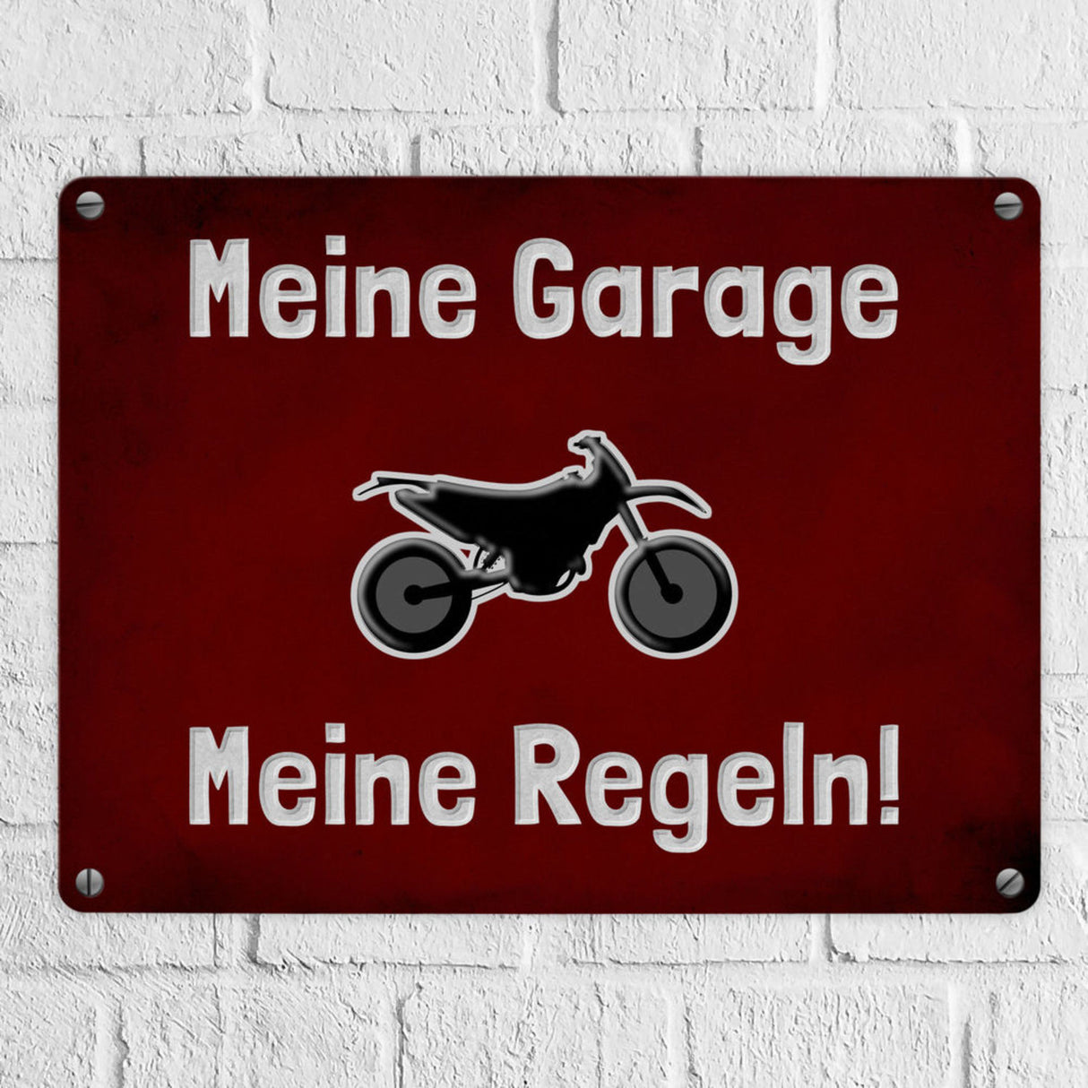 Meine Garage Meine Regeln! Metallschild in 15x20 cm mit Auto und rotem Hintergrund