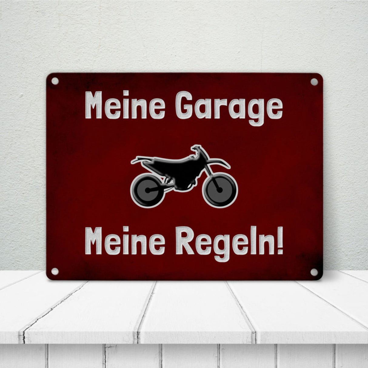 Meine Garage Meine Regeln! Metallschild in 15x20 cm mit Auto und rotem Hintergrund